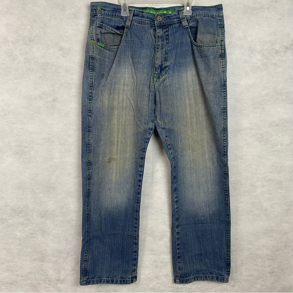 Vintage 5ive Jungle Jeans Mens 38x30.5 Blue Straight Leg Green Stitching Flaw